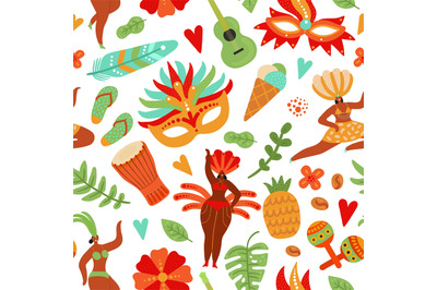 Carnival seamless pattern. Festive people, brazil festival girls. Braz