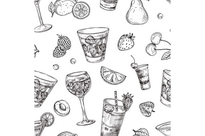 Cocktails pattern. Sketch drinks and fruits background. Hand drawn bev