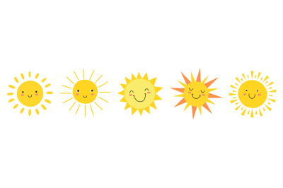 Cute suns. Sunshine emoji, cute smiling faces. Summer sunlight emotico