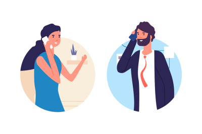 People talking phone. Man and woman have conversation. Business dialog