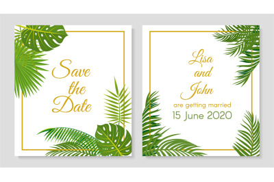 Wedding invitation. Tropical leaves simple invitations. Green jungle p