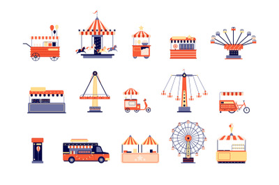 Amusement park icons. City attractions entertainment. Flat coaster and