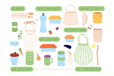 Zero waste. Eco lifestyle stickers, reusable bags and pack. Sustainabi