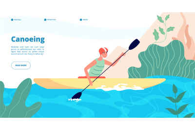 Canoeing and kayaking. Water sport website template. Man in kayak in b