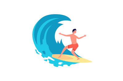 Surfer on wave. Flat young man on surfboard. Person in water, happy su