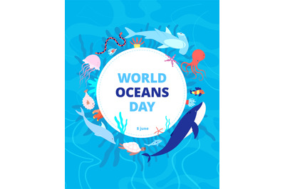 Oceans day. Clean sea, earth water. World ocean celebration background