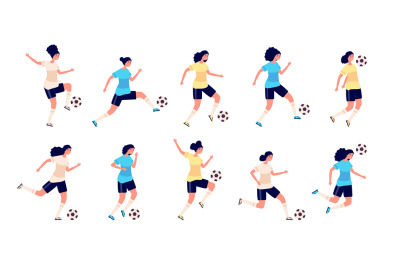 Female football players. Isolated sports people. Women soccer team, cu