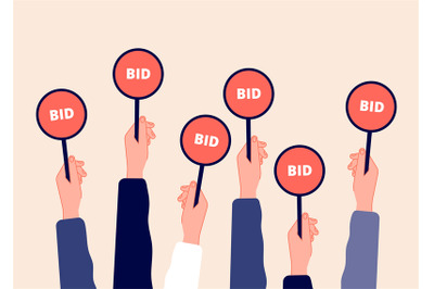 Auction bidding. Hands holding bids. Sale and buyers, business competi