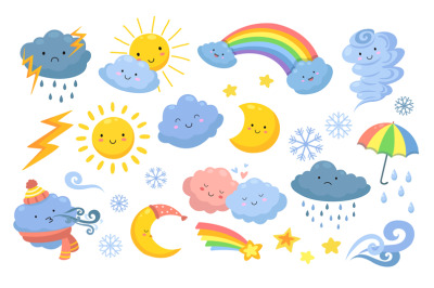 Cute weather. Isolated rainbow&2C; cartoon rain and hurricane. Funny and