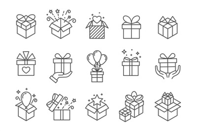 Gift boxes icons. Birthday present box with ribbon decoration. Outline