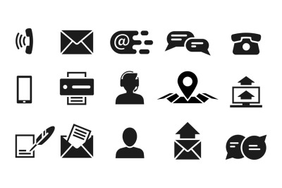 Contact information icons. Black finance website, business or social m