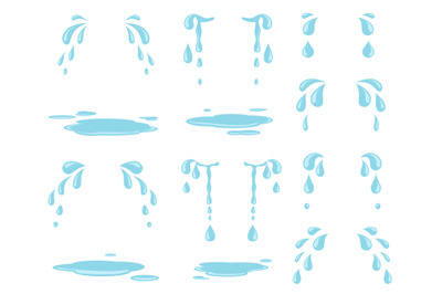 Cartoon tears. Water splash, raining drops and natural stream. Weeping