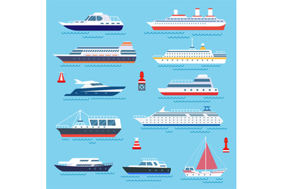 Sea ship. Vessel shipping, speedboating and yacht. Travelling or trans