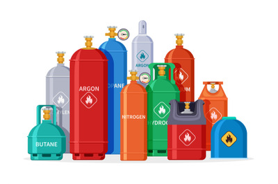 Gas cylinder group. Oxygen tanks, bottles and canister. Isolated petro