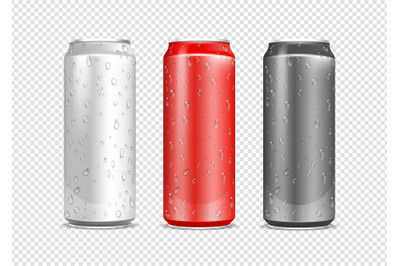 Aluminium cans. Realistic water drops on drink package. Red and metal