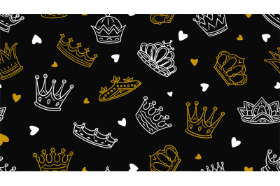 Doodle crown pattern. Gold white royal elements tbackground. Little pr