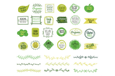 Eco emblems. Organic logo, green leaf borders. Natural fresh food stam