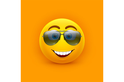 Emoji in sunglasses. Comic icon&2C; yellow smile emoticon wearing glasses