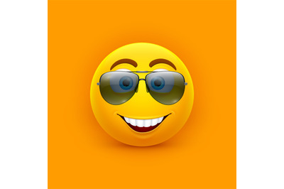 Emoji in sunglasses. Comic icon, yellow smile emoticon wearing glasses