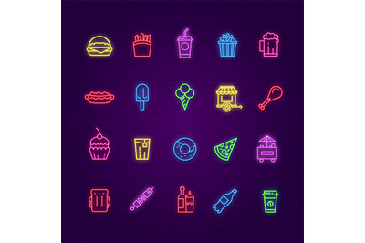 Food neon icons. Burger, ice cream and drinks, hot dog and pizza color