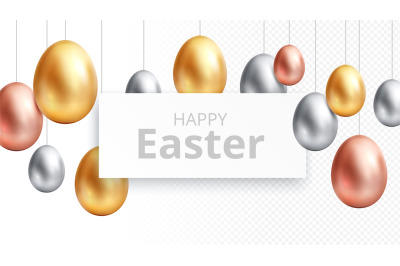 Happy easter. Egg hunting banner&2C; celebrating poster with hanging gold