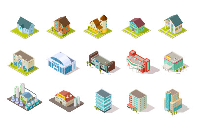 Isometric buildings. City urban infrastructure, residential, industria