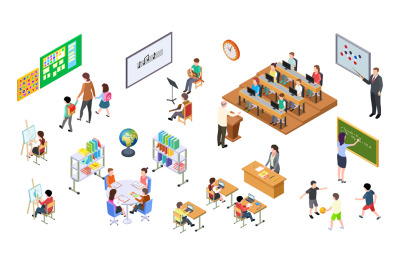 Isometric school. 3d college, teachers board and students. University