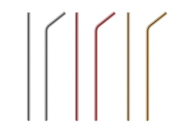 Metal straws. Reusable steel straw, stainless bars. Isolated realistic