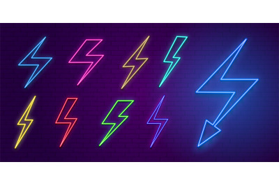 Neon Lightning Icons. Colored arrows and flashes, disco bar or night c