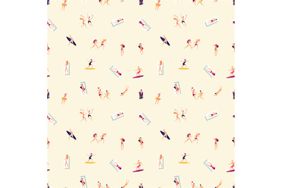 People on beach. Summer vacation pattern. Men women take sunbath, spor