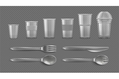 Realistic disposable tableware. Plastic take away glasses and cutlerie