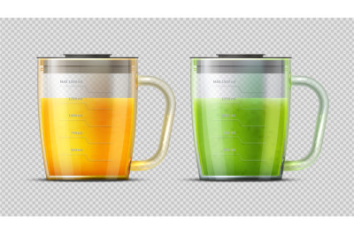 Realistic measuring glasses with juice. Green and orange freshes. Frui