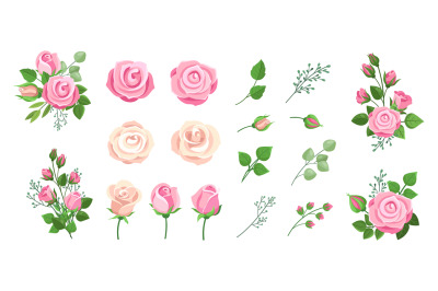 Roses bouquets. Vintage floral decoration, isolated flowers and branch