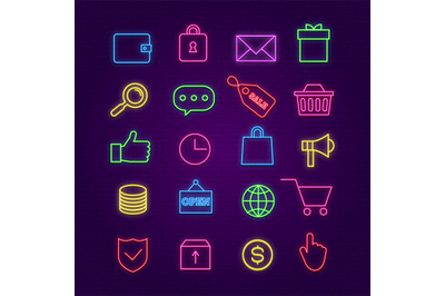 Shopping neon icons. E-commerce, trade colorful signs with glow effect