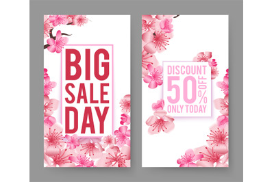 Spring sale banners. Sakura flowers flyers template. Pink floral bloss