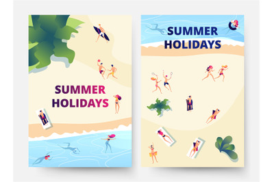 Summer holidays flyers. Beach vacation, serfing and swimming. People t