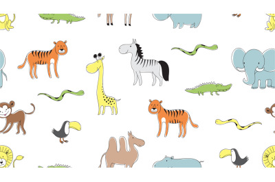 Wild animal pattern. Doodle snake&2C; leo and tiger&2C; camel and elephant p