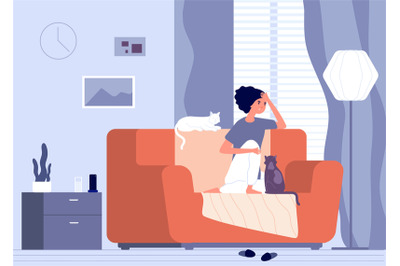 Woman and cat. Cartoon pet&2C; young girl with animal in apartment. Home