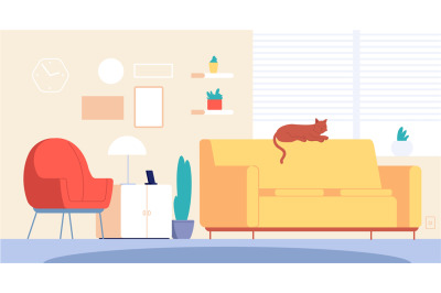 Cat in room. Living home decor&2C; stylish furniture. Modern apartment in