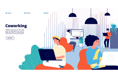 Coworking landing page. Office people, freelance professionals discuss