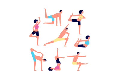 Yoga exercises. Adult exercising, fitness people. Male female stretchi