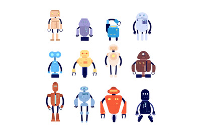 Robot characters. Cute fiction mechanical toy. Isolated technology and