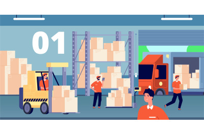 Warehouse interior. Large storage, people inside storehouse. Cargo pal