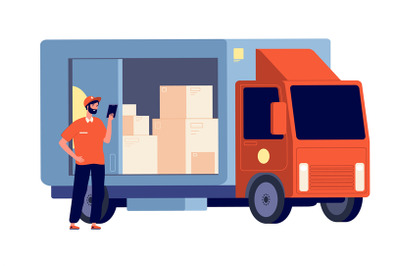 Courier. Smiling guy with package, delivery lorry. Logistic service, m