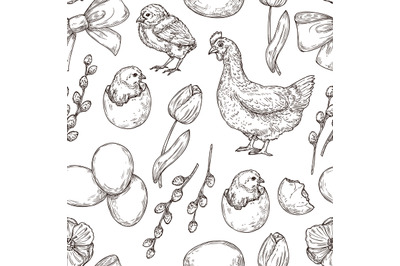 Chicken pattern. Hand drawn art bird. Spring easter background. Graphi