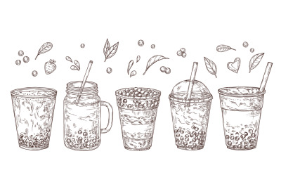 Bubble tea. Sketch summer drink, flavored teas graphic. Isolated delic