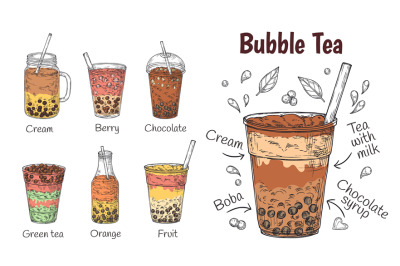 Bubble tea drink. Yummy chocolate menu, smoothie or coffee, milkshake