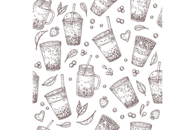 Boba tea pattern. Asian drinks background, bubble milk shake. Fresh co