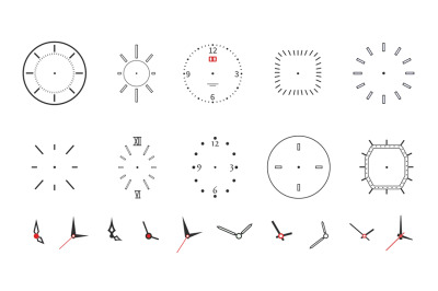 Clock faces. Modern wall watch face design. Isolated dials with needle