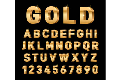 Gold 3d font. Glossy rich alphabet, trendy metal expensive typography